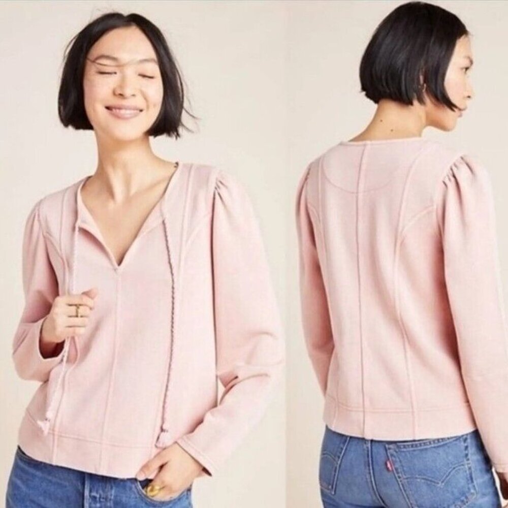 Maeve Jeanne Puff Sleeve Distressed Sweatshirt